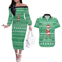 Funny Santa Claus Christmas Couples Matching Off The Shoulder Long Sleeve Dress and Hawaiian Shirt Xmas Holiday Patterns - Wonder Print Shop