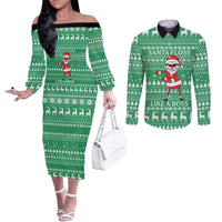 Funny Santa Claus Christmas Couples Matching Off The Shoulder Long Sleeve Dress and Long Sleeve Button Shirt Xmas Holiday Patterns - Wonder Print Shop