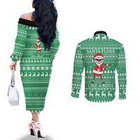 Funny Santa Claus Christmas Couples Matching Off The Shoulder Long Sleeve Dress and Long Sleeve Button Shirt Xmas Holiday Patterns - Wonder Print Shop