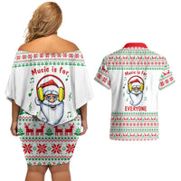 Funny Santa Music Is For Everyone Christmas Couples Matching Off Shoulder Short Dress and Hawaiian Shirt Xmas Holiday Patterns - Wonder Print Shop