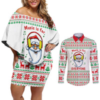 Funny Santa Music Is For Everyone Christmas Couples Matching Off Shoulder Short Dress and Long Sleeve Button Shirt Xmas Holiday Patterns - Wonder Print Shop