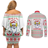 Funny Santa Music Is For Everyone Christmas Couples Matching Off Shoulder Short Dress and Long Sleeve Button Shirt Xmas Holiday Patterns - Wonder Print Shop