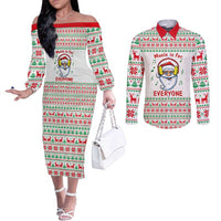 Funny Santa Music Is For Everyone Christmas Couples Matching Off The Shoulder Long Sleeve Dress and Long Sleeve Button Shirt Xmas Holiday Patterns - Wonder Print Shop