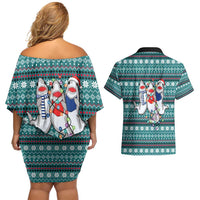 Funny Shark Christmas Couples Matching Off Shoulder Short Dress and Hawaiian Shirt Xmas Holiday Patterns - Wonder Print Shop