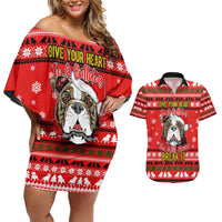 Give Your Heart Pitbull Dog Christmas Couples Matching Off Shoulder Short Dress and Hawaiian Shirt Xmas Holiday Patterns - Wonder Print Shop