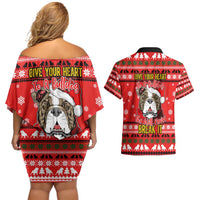 Give Your Heart Pitbull Dog Christmas Couples Matching Off Shoulder Short Dress and Hawaiian Shirt Xmas Holiday Patterns - Wonder Print Shop