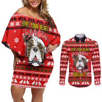 Give Your Heart Pitbull Dog Christmas Couples Matching Off Shoulder Short Dress and Long Sleeve Button Shirt Xmas Holiday Patterns - Wonder Print Shop
