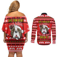 Give Your Heart Pitbull Dog Christmas Couples Matching Off Shoulder Short Dress and Long Sleeve Button Shirt Xmas Holiday Patterns - Wonder Print Shop
