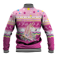 Unicorn Believe In Magic Christmas Baseball Jacket with Believe in Magic Quote Pink Hearts Stars and Rainbow - Wonder Print Shop