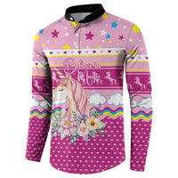 Unicorn Believe In Magic Christmas Button Sweatshirt with Believe in Magic Quote Pink Hearts Stars and Rainbow - Wonder Print Shop