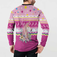 Unicorn Believe In Magic Christmas Button Sweatshirt with Believe in Magic Quote Pink Hearts Stars and Rainbow - Wonder Print Shop