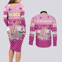Unicorn Believe In Magic Christmas Couples Matching Long Sleeve Bodycon Dress and Long Sleeve Button Shirt with Believe in Magic Quote Pink Hearts Stars and Rainbow - Wonder Print Shop