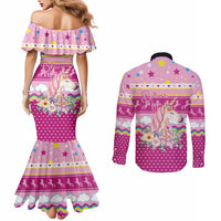 Unicorn Believe In Magic Christmas Couples Matching Mermaid Dress and Long Sleeve Button Shirt with Believe in Magic Quote Pink Hearts Stars and Rainbow - Wonder Print Shop