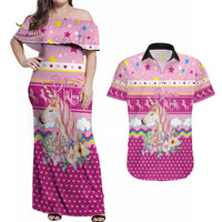 Unicorn Believe In Magic Christmas Couples Matching Off Shoulder Maxi Dress and Hawaiian Shirt with Believe in Magic Quote Pink Hearts Stars and Rainbow - Wonder Print Shop