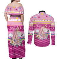 Unicorn Believe In Magic Christmas Couples Matching Off Shoulder Maxi Dress and Long Sleeve Button Shirt with Believe in Magic Quote Pink Hearts Stars and Rainbow - Wonder Print Shop