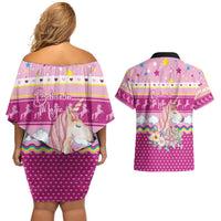 Unicorn Believe In Magic Christmas Couples Matching Off Shoulder Short Dress and Hawaiian Shirt with Believe in Magic Quote Pink Hearts Stars and Rainbow - Wonder Print Shop