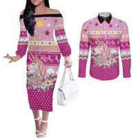 Unicorn Believe In Magic Christmas Couples Matching Off The Shoulder Long Sleeve Dress and Long Sleeve Button Shirt with Believe in Magic Quote Pink Hearts Stars and Rainbow - Wonder Print Shop