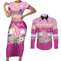 Unicorn Believe In Magic Christmas Couples Matching Short Sleeve Bodycon Dress and Long Sleeve Button Shirt with Believe in Magic Quote Pink Hearts Stars and Rainbow - Wonder Print Shop