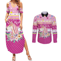 Unicorn Believe In Magic Christmas Couples Matching Summer Maxi Dress and Long Sleeve Button Shirt with Believe in Magic Quote Pink Hearts Stars and Rainbow - Wonder Print Shop