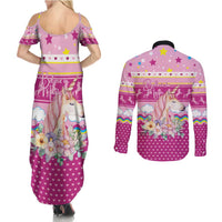 Unicorn Believe In Magic Christmas Couples Matching Summer Maxi Dress and Long Sleeve Button Shirt with Believe in Magic Quote Pink Hearts Stars and Rainbow - Wonder Print Shop