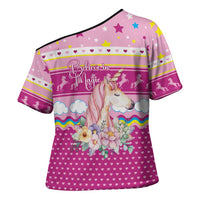 Unicorn Believe In Magic Christmas Cross Shoulder Shirt with Believe in Magic Quote Pink Hearts Stars and Rainbow - Wonder Print Shop