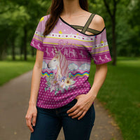 Unicorn Believe In Magic Christmas Cross Shoulder Shirt with Believe in Magic Quote Pink Hearts Stars and Rainbow - Wonder Print Shop