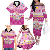 Unicorn Believe In Magic Christmas Family Matching Off The Shoulder Long Sleeve Dress and Hawaiian Shirt with Believe in Magic Quote Pink Hearts Stars and Rainbow - Wonder Print Shop
