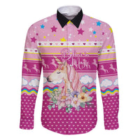 Unicorn Believe In Magic Christmas Family Matching Off The Shoulder Long Sleeve Dress and Hawaiian Shirt with Believe in Magic Quote Pink Hearts Stars and Rainbow - Wonder Print Shop