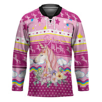 Unicorn Believe In Magic Christmas Hockey Jersey with Believe in Magic Quote Pink Hearts Stars and Rainbow - Wonder Print Shop
