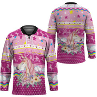 Unicorn Believe In Magic Christmas Hockey Jersey with Believe in Magic Quote Pink Hearts Stars and Rainbow - Wonder Print Shop