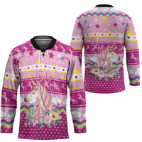 Unicorn Believe In Magic Christmas Hockey Jersey with Believe in Magic Quote Pink Hearts Stars and Rainbow - Wonder Print Shop