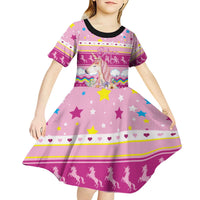 Unicorn Believe In Magic Christmas Kid Short Sleeve Dress with Believe in Magic Quote Pink Hearts Stars and Rainbow - Wonder Print Shop