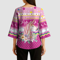 Unicorn Believe In Magic Christmas Kimono Sleeve Blouse with Believe in Magic Quote Pink Hearts Stars and Rainbow - Wonder Print Shop