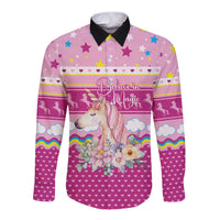 Unicorn Believe In Magic Christmas Long Sleeve Button Shirt with Believe in Magic Quote Pink Hearts Stars and Rainbow - Wonder Print Shop