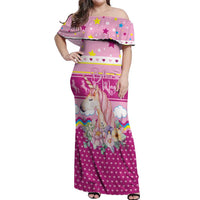 Unicorn Believe In Magic Christmas Off Shoulder Maxi Dress with Believe in Magic Quote Pink Hearts Stars and Rainbow - Wonder Print Shop