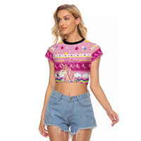 Unicorn Believe In Magic Christmas Raglan Cropped T Shirt with Believe in Magic Quote Pink Hearts Stars and Rainbow - Wonder Print Shop