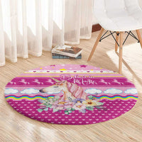 Unicorn Believe In Magic Christmas Round Carpet with Believe in Magic Quote Pink Hearts Stars and Rainbow - Wonder Print Shop
