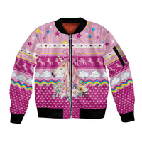Unicorn Believe In Magic Christmas Sleeve Zip Bomber Jacket with Believe in Magic Quote Pink Hearts Stars and Rainbow - Wonder Print Shop