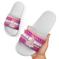 Unicorn Believe In Magic Christmas Slide Sandals with Believe in Magic Quote Pink Hearts Stars and Rainbow - Wonder Print Shop