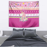 Unicorn Believe In Magic Christmas Tapestry with Believe in Magic Quote Pink Hearts Stars and Rainbow - Wonder Print Shop
