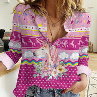 Unicorn Believe In Magic Christmas Women Casual Shirt with Believe in Magic Quote Pink Hearts Stars and Rainbow - Wonder Print Shop
