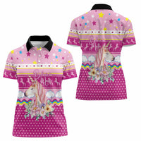 Unicorn Believe In Magic Christmas Women Polo Shirt with Believe in Magic Quote Pink Hearts Stars and Rainbow - Wonder Print Shop