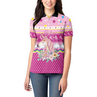 Unicorn Believe In Magic Christmas Women Polo Shirt with Believe in Magic Quote Pink Hearts Stars and Rainbow - Wonder Print Shop