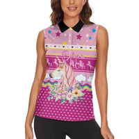 Unicorn Believe In Magic Christmas Women Sleeveless Polo Shirt with Believe in Magic Quote Pink Hearts Stars and Rainbow - Wonder Print Shop