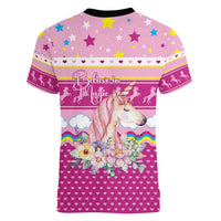 Unicorn Believe In Magic Christmas Women V-Neck T-Shirt with Believe in Magic Quote Pink Hearts Stars and Rainbow - Wonder Print Shop