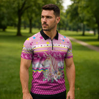 Unicorn Believe In Magic Christmas Zipper Polo Shirt with Believe in Magic Quote Pink Hearts Stars and Rainbow - Wonder Print Shop