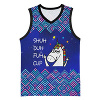 Funny Unicorn Basketball Jersey with Shuh Duh Fuh Cup Quote Blue Geometric and Cartoon - Wonder Print Shop