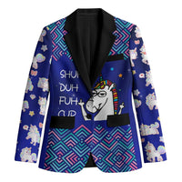 Funny Unicorn Blazer with Shuh Duh Fuh Cup Quote Blue Geometric and Cartoon - Wonder Print Shop