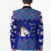 Funny Unicorn Blazer with Shuh Duh Fuh Cup Quote Blue Geometric and Cartoon - Wonder Print Shop