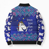 Funny Unicorn Bomber Puffer Jacket with Shuh Duh Fuh Cup Quote Blue Geometric and Cartoon - Wonder Print Shop